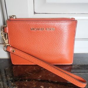 Michael Kors Orange Pebbled Leather Zip Wristlet with Gold Hardware